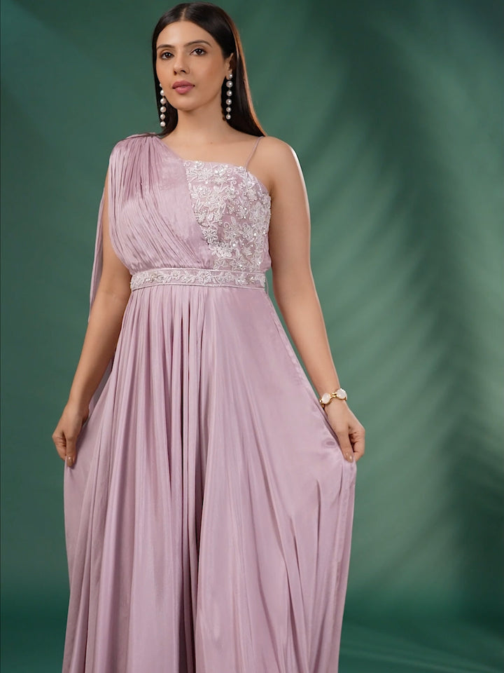One-Shoulder Embellished Gown with Floral Embroidery and Flowy Draped Detail