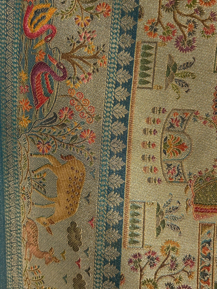 Heritage Banarasi Saree with Deer & Paisley Weave and Teal Edge