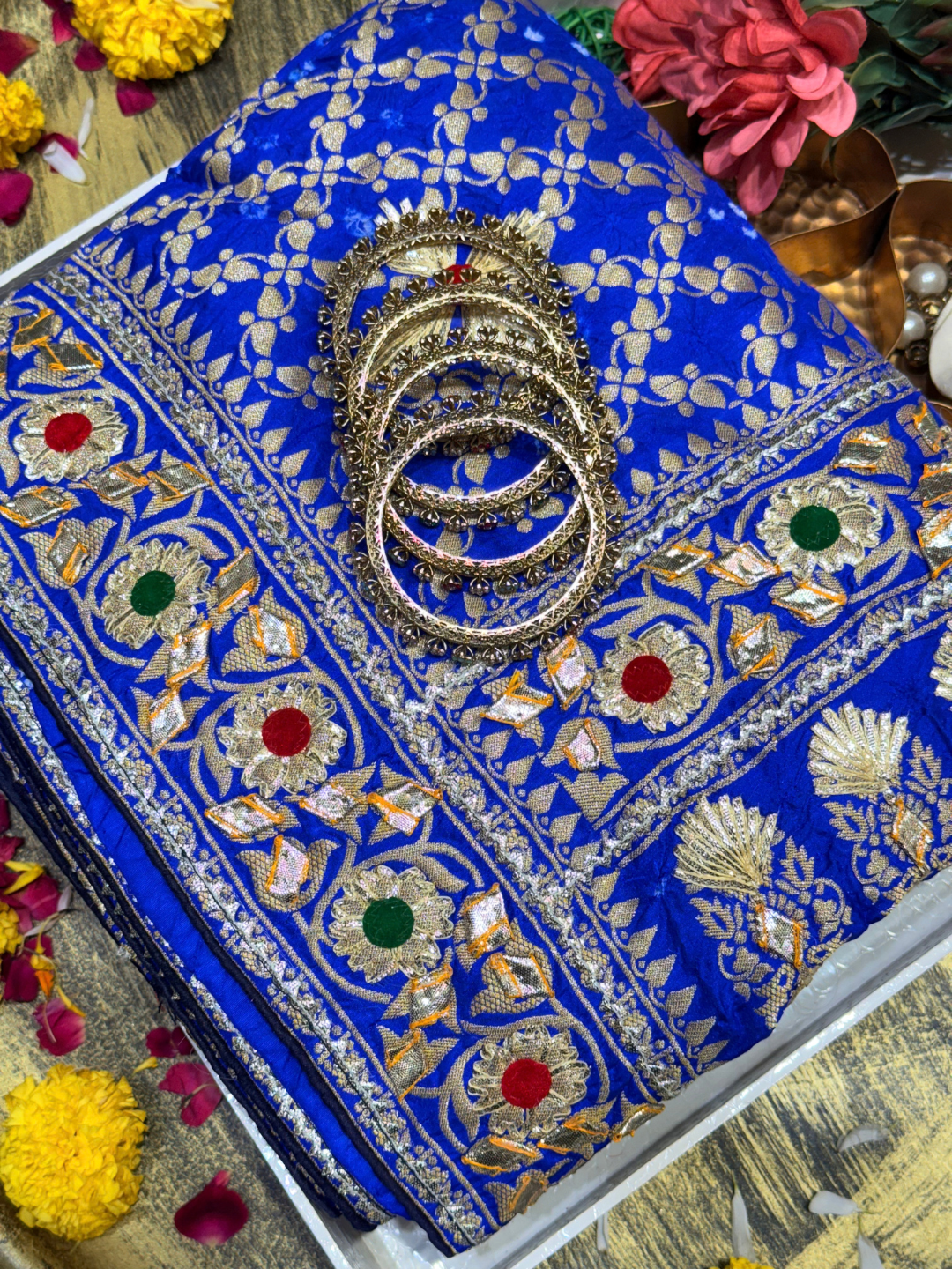Royal Blue Gota Patti Embroidered Saree with Floral Booti