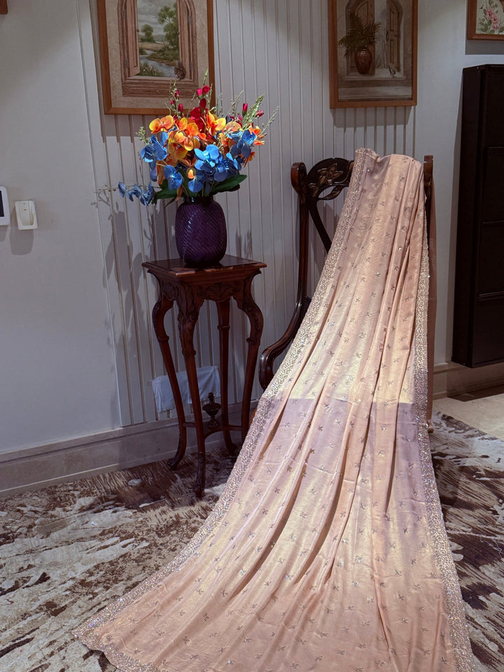 Saree with Hand-Embroidered Sequin Buttas & Heavy Crystal Border