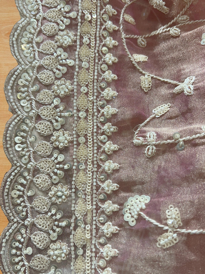 Blush Pink Net Saree with Ivory Sequin Floral Embroidery & Ornate Scallop Border