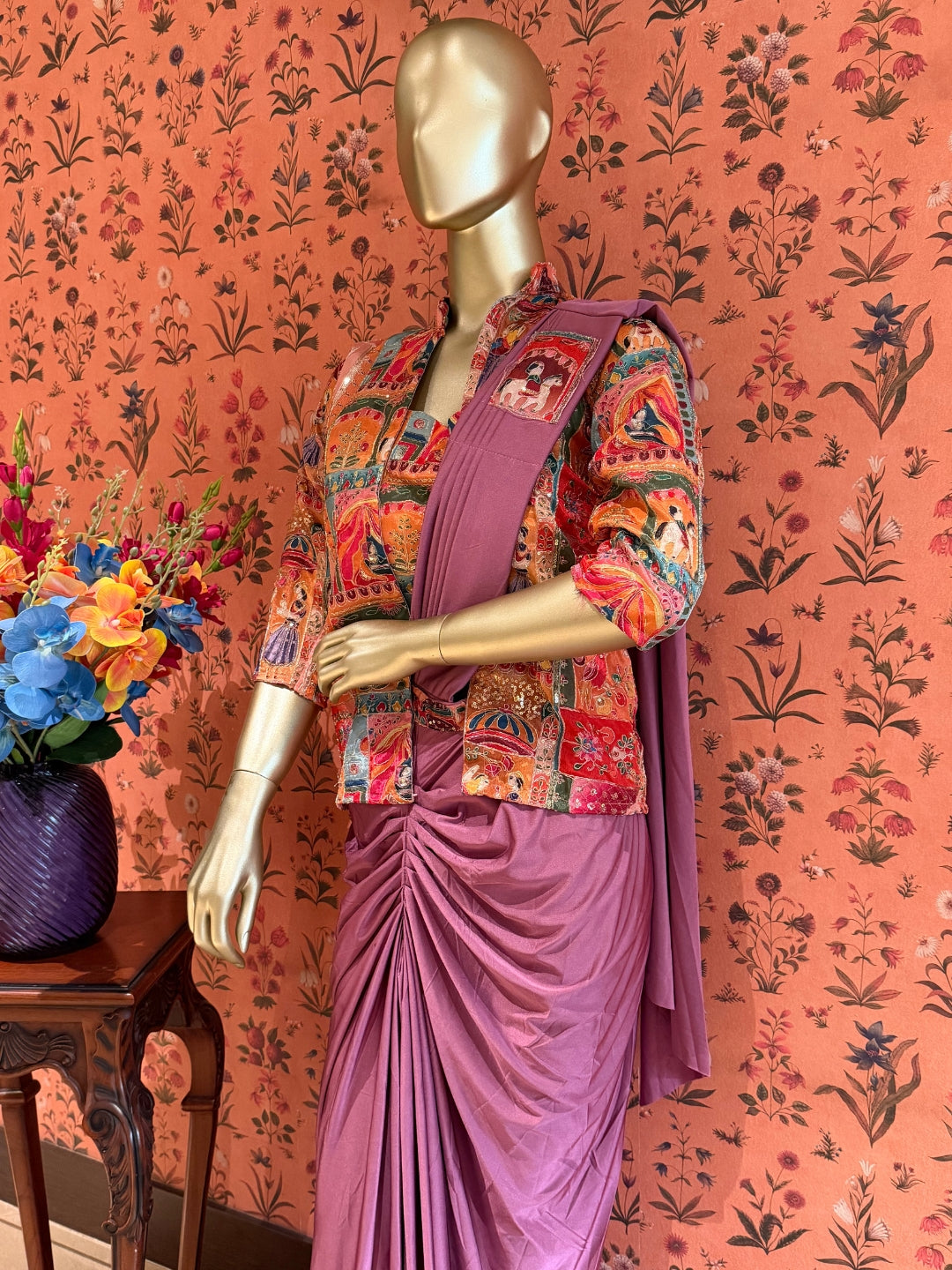 Mauve Draped Saree with Multicolour Folk Print Jacket Blouse and Sequin Highlights