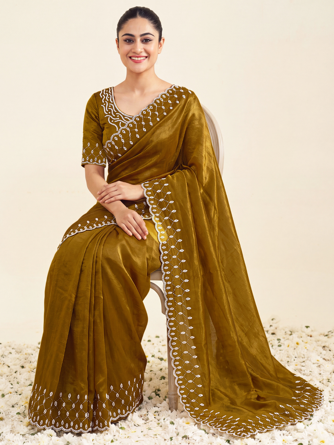 Sequin Embroidered Scalloped Border Saree with Embroidered Blouse