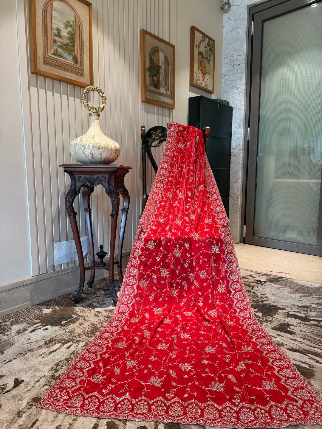 Red Saree with Heavy Silver Zari Floral Embroidery and Scalloped Border