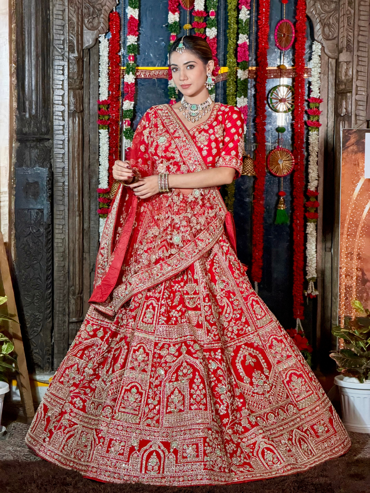 Silk Heavy Zari, Sequin & Mirror Embroidered Floral & Arch Motif Lehenga Choli with Dupatta in Red