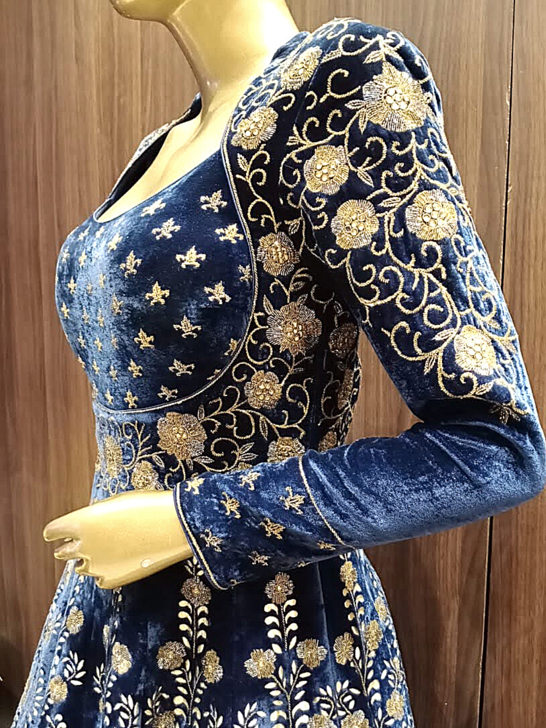 Deep Blue Velvet Anarkali with Gold Zari Hand Embroidery and Kundan Work