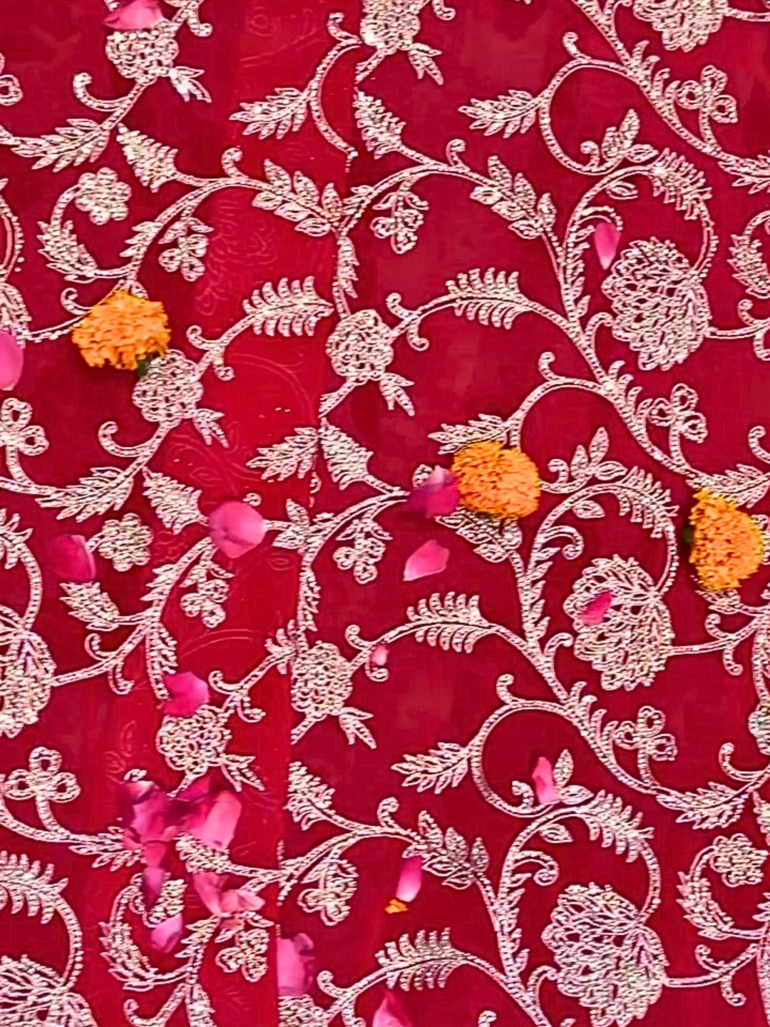 Royal Red Saree with Intricate Silver Zari Embroidery & Scallop Border
