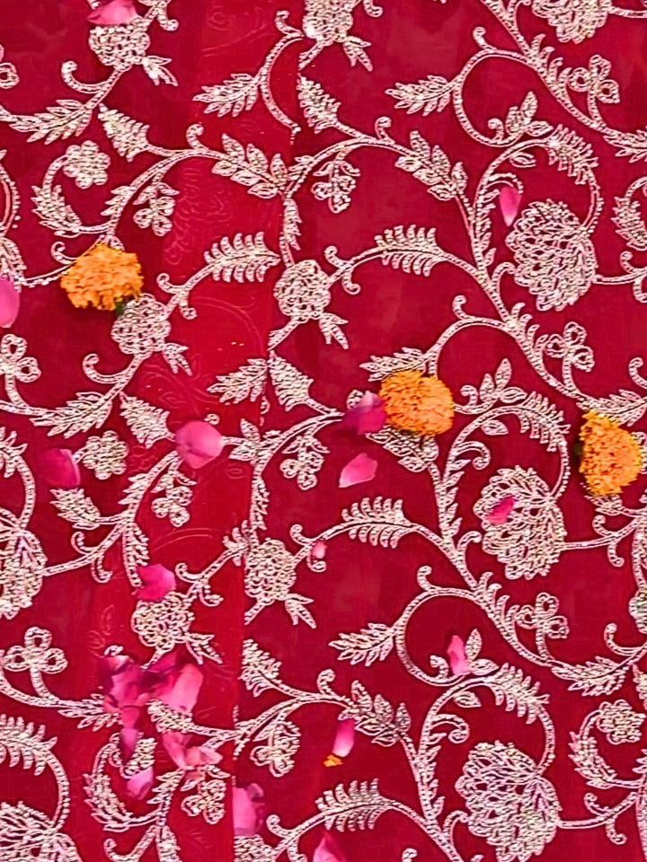 Royal Red Saree with Intricate Silver Zari Embroidery & Scallop Border
