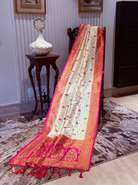 Banarasi Art Silk Saree with Gold-Pink Floral Jaal & Brocade Contrast Border