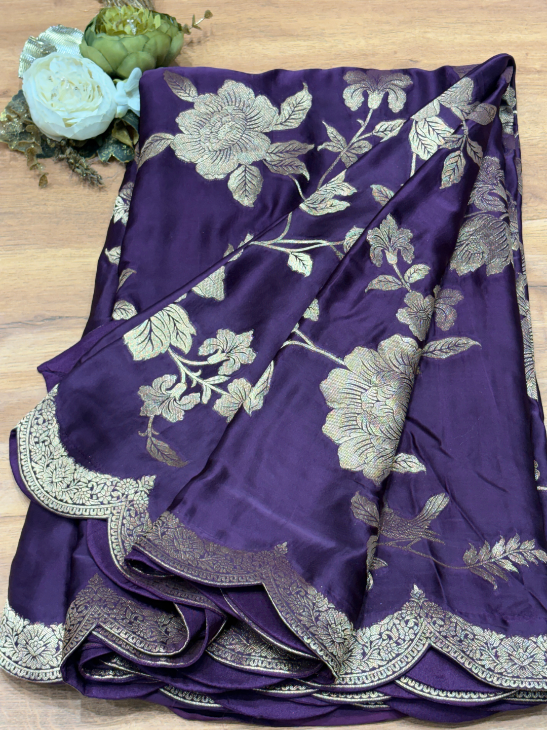 Purple Silk Golden Zari Woven Floral Saree with Scalloped Border