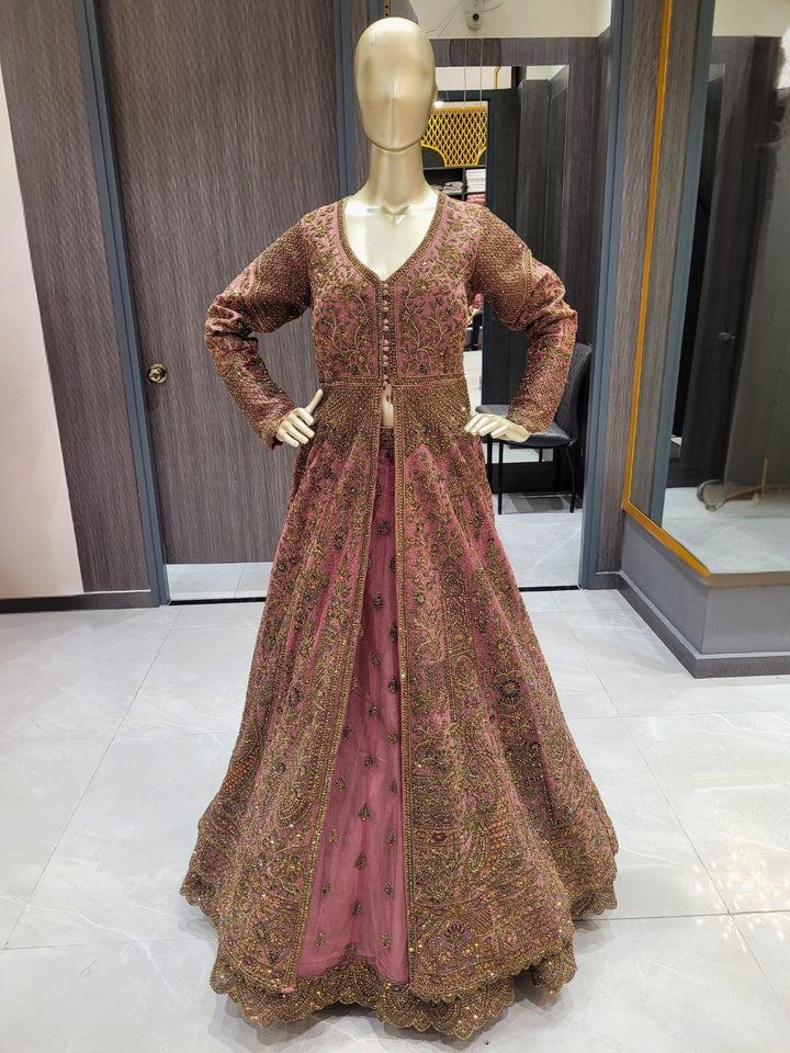 Rosewood Pink Embroidered Anarkali Gown with Heavy Zari Work & Dupatta