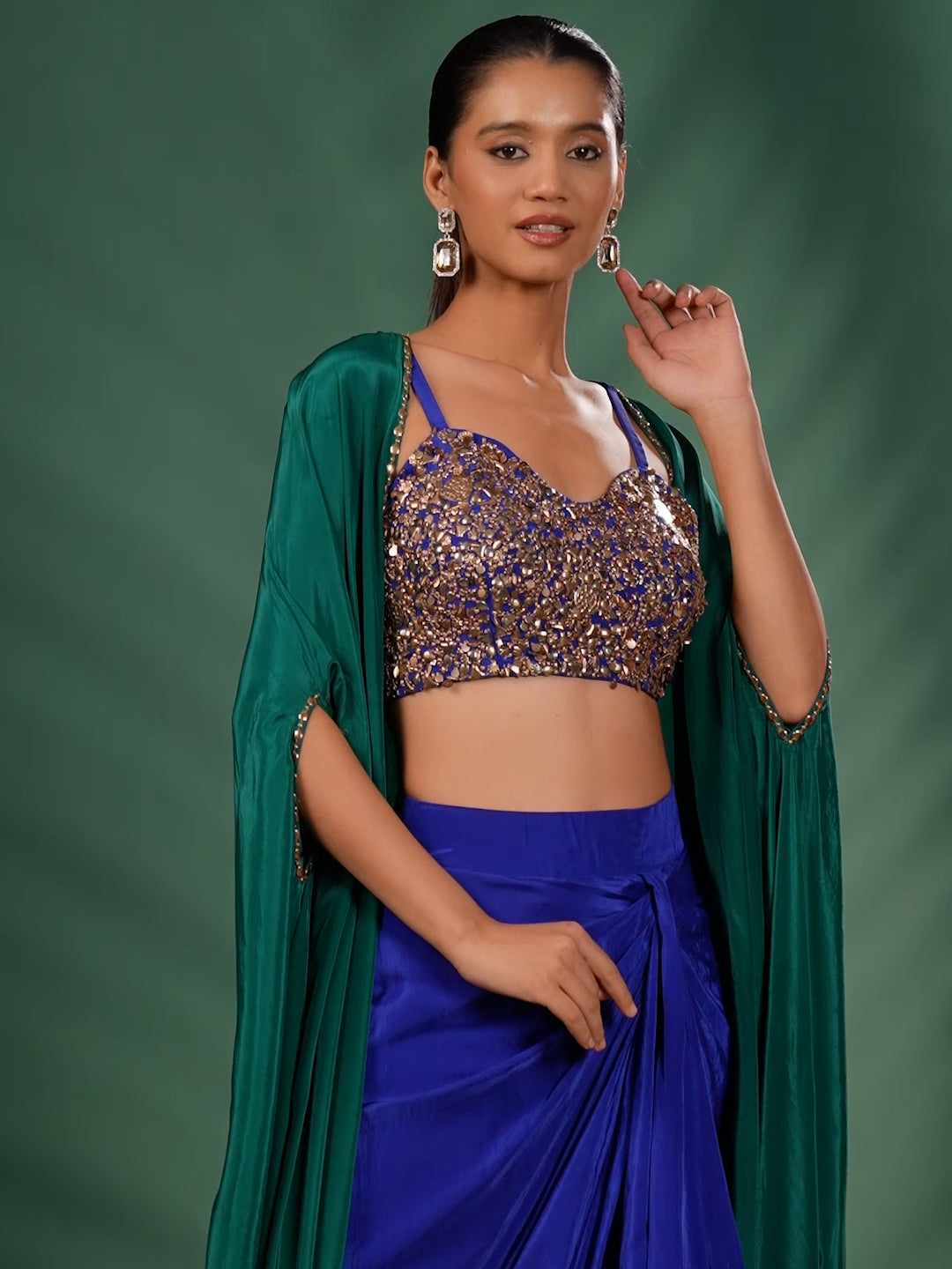 Embellished Bustier Co-ord Set with Draped Skirt and Cape