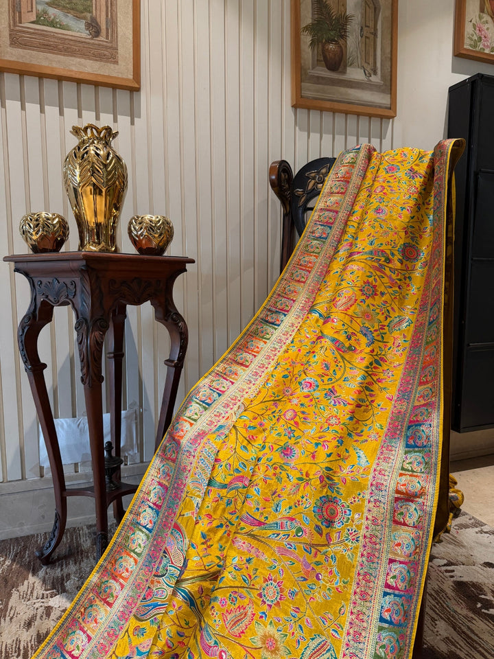 Yellow Meenakari Style Floral & Bird Jaal Zari Woven Saree with Panel Border