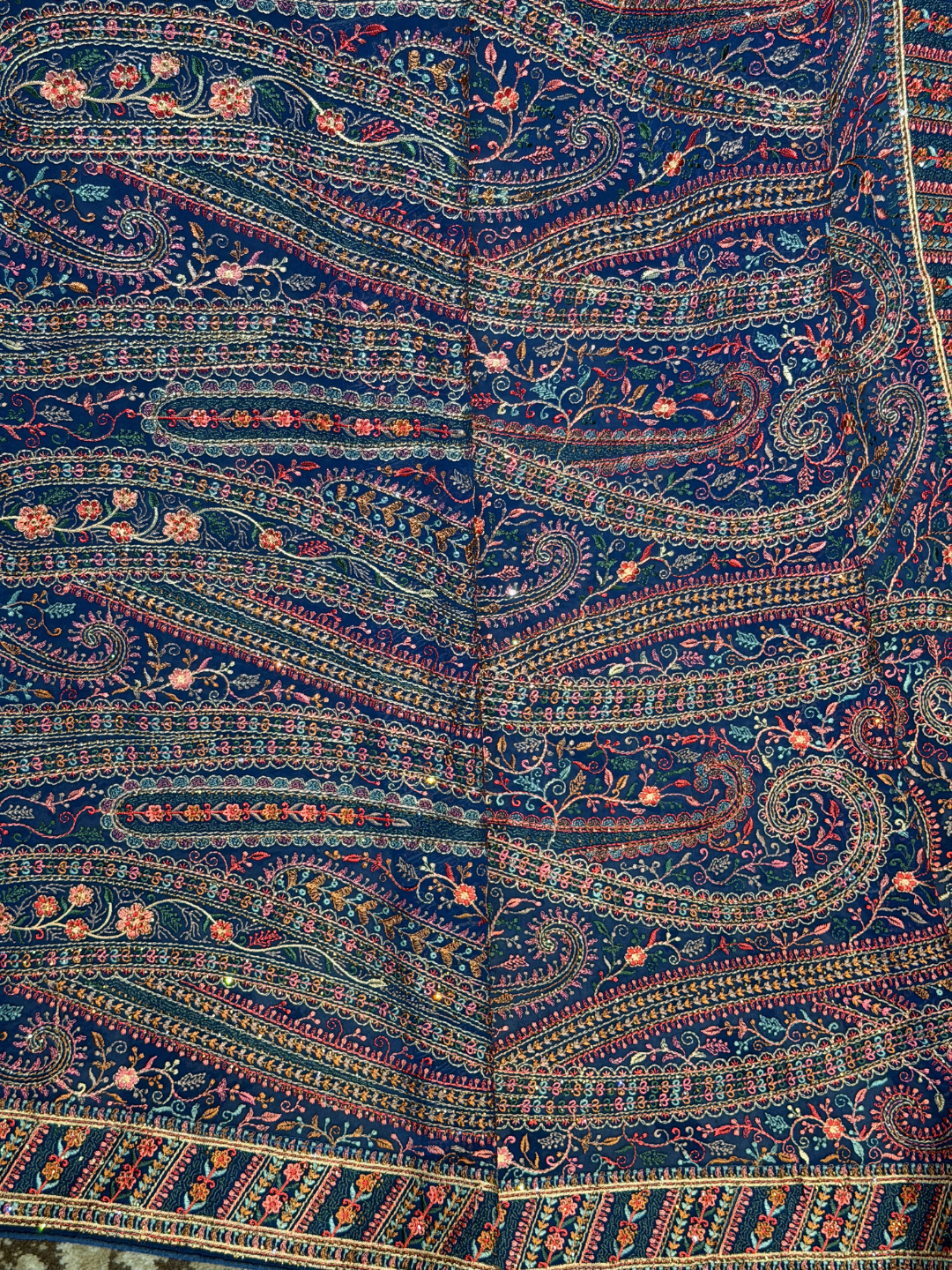 Navy Blue Kani Weave Silk Saree with Multicolour Paisley & Floral Jaal Pattern