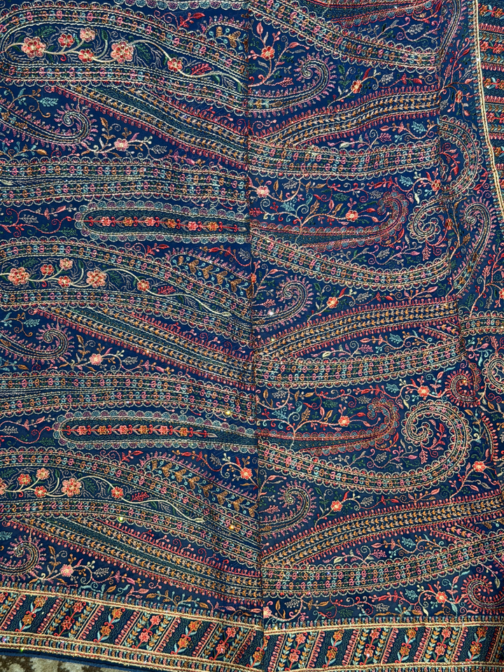 Navy Blue Kani Weave Silk Saree with Multicolour Paisley & Floral Jaal Pattern
