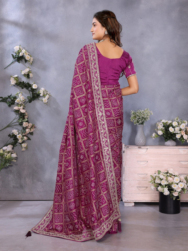 Bandhani Print Saree with All-Over Zari Checks and Embroidered Blouse