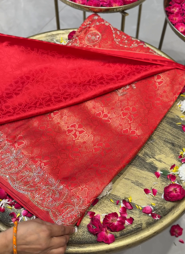 Banarasi Silk Zari Woven Floral Jaal Saree with Cutdana & Sequin Embroidered
