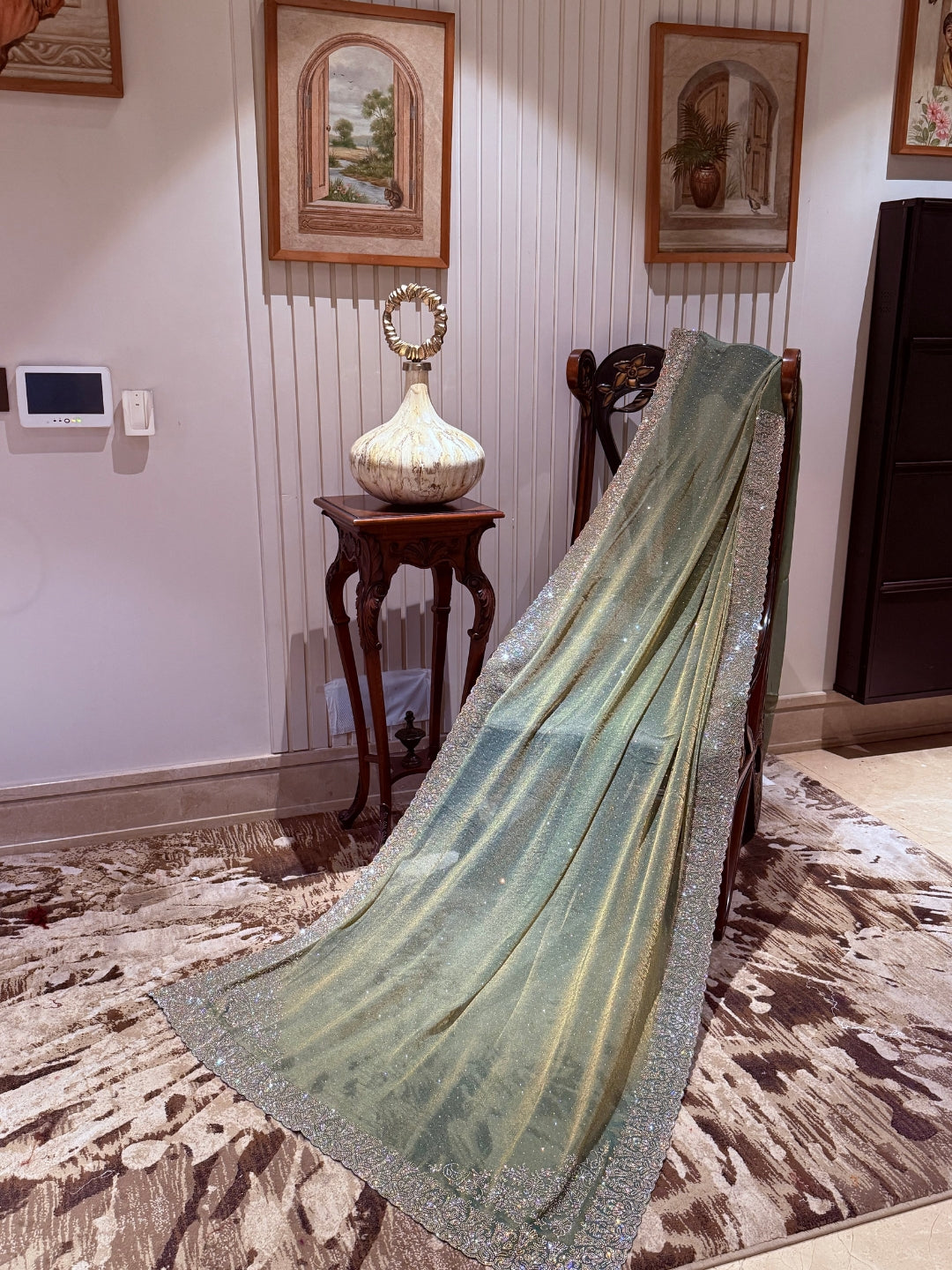 Shimmer Georgette Saree with Floral Sequin Border & Tiny Sequin Accents