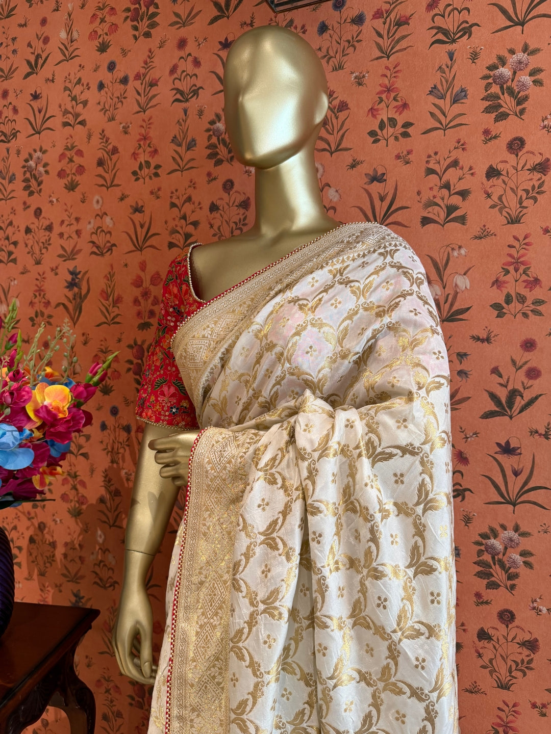 Off White Gold Zari Woven Floral Saree with Rich Pallu and Contrast Red Edging
