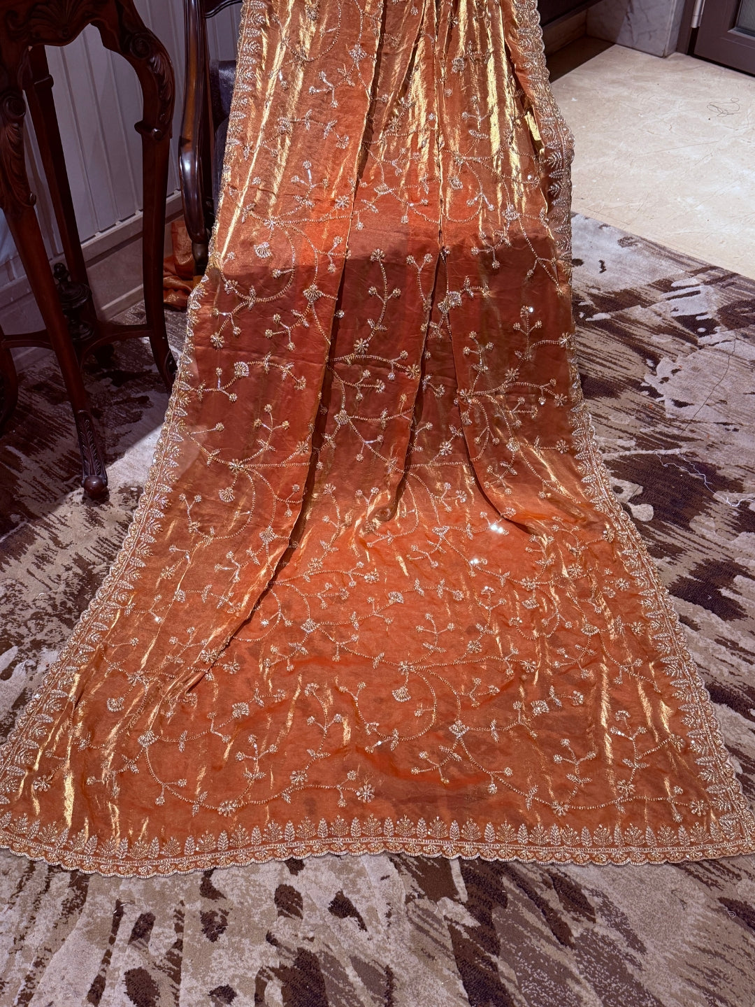 Net Saree with Hand-Embroidered Floral Sequin Vine & Scalloped Embellished Border