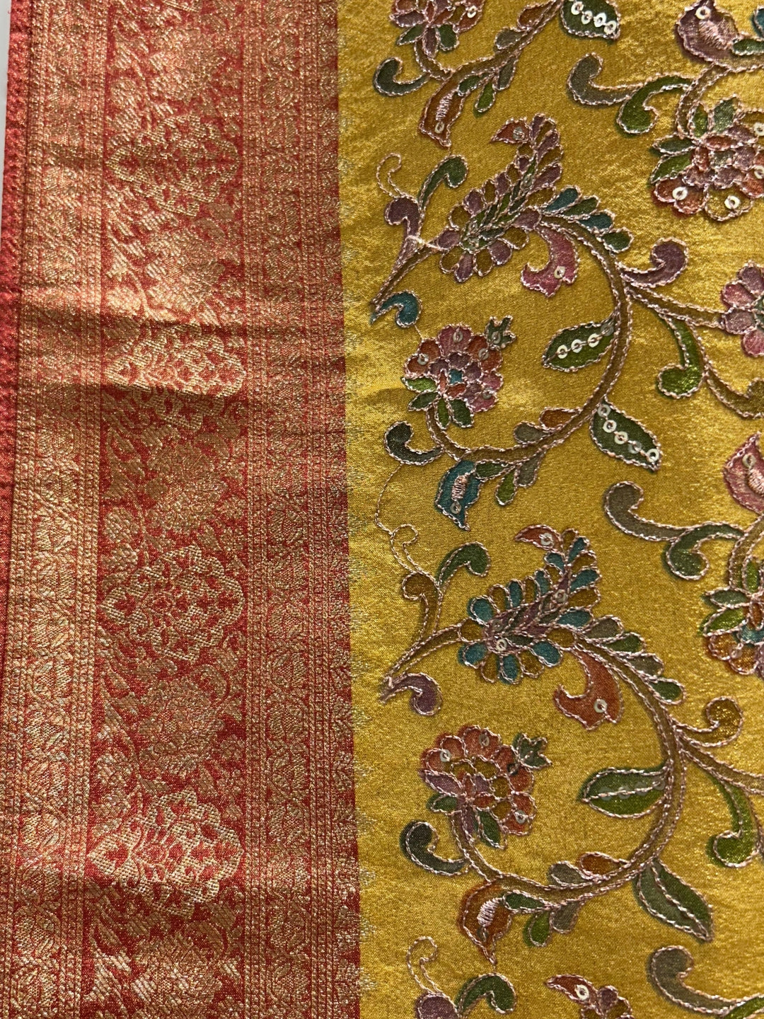 Mustard Yellow Banarasi Meenakari Saree with Floral Jaal & Red Zari Brocade Pallu