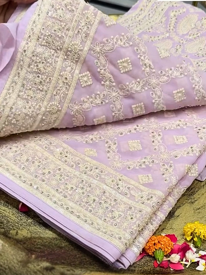 Pastel Lavender Georgette Saree with Heavy Thread, Mirror, and Sequin Embroidery | Designer Party & Festive Wear Saree