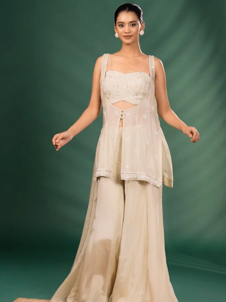 Embroidered Bustier with Sheer Jacket Kurta Set with Flared Palazzo