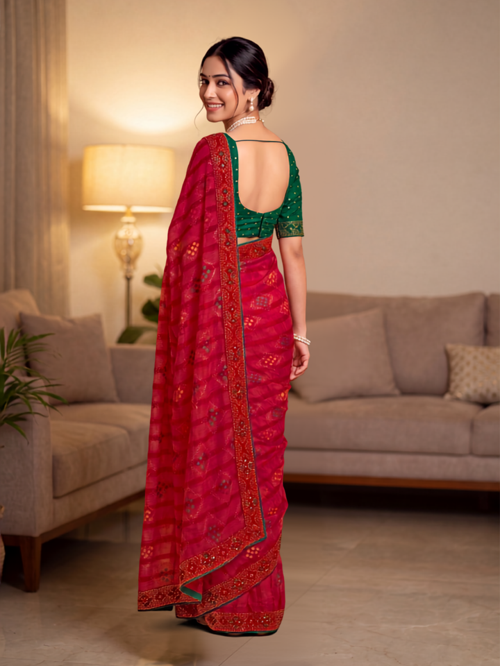 Bandhani Printed Saree with Contrast Pink Border