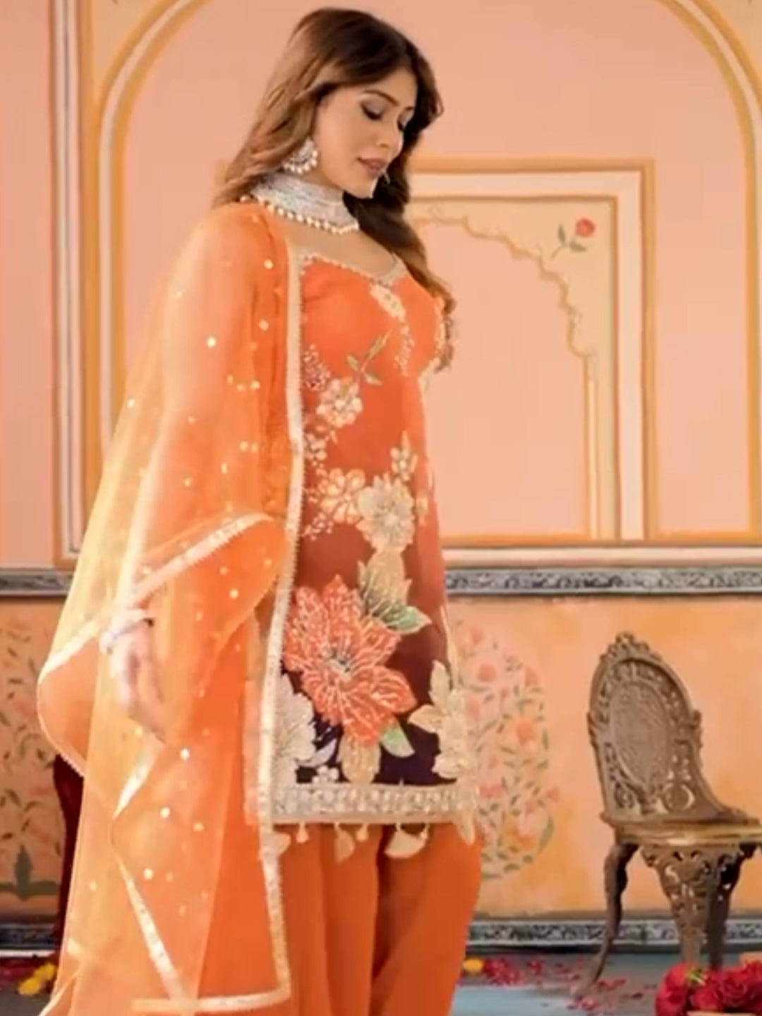 Floral Embroidered Kurta Palazzo Set with Sequin Net Dupatta