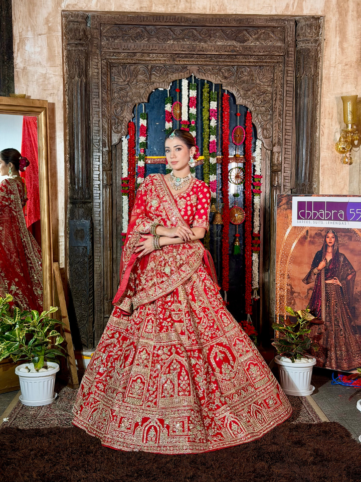 Silk Heavy Zari, Sequin & Mirror Embroidered Floral & Arch Motif Lehenga Choli with Dupatta in Red