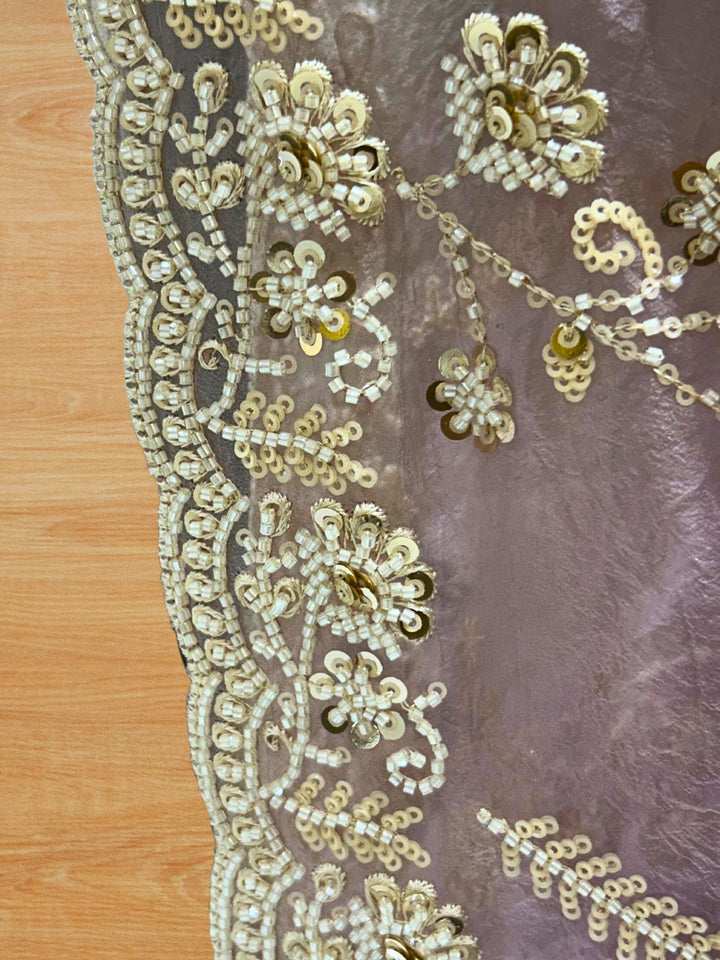 Mauve Net Saree with Ivory-Gold Hand Sequin Floral Scalloped Border & Embroidery