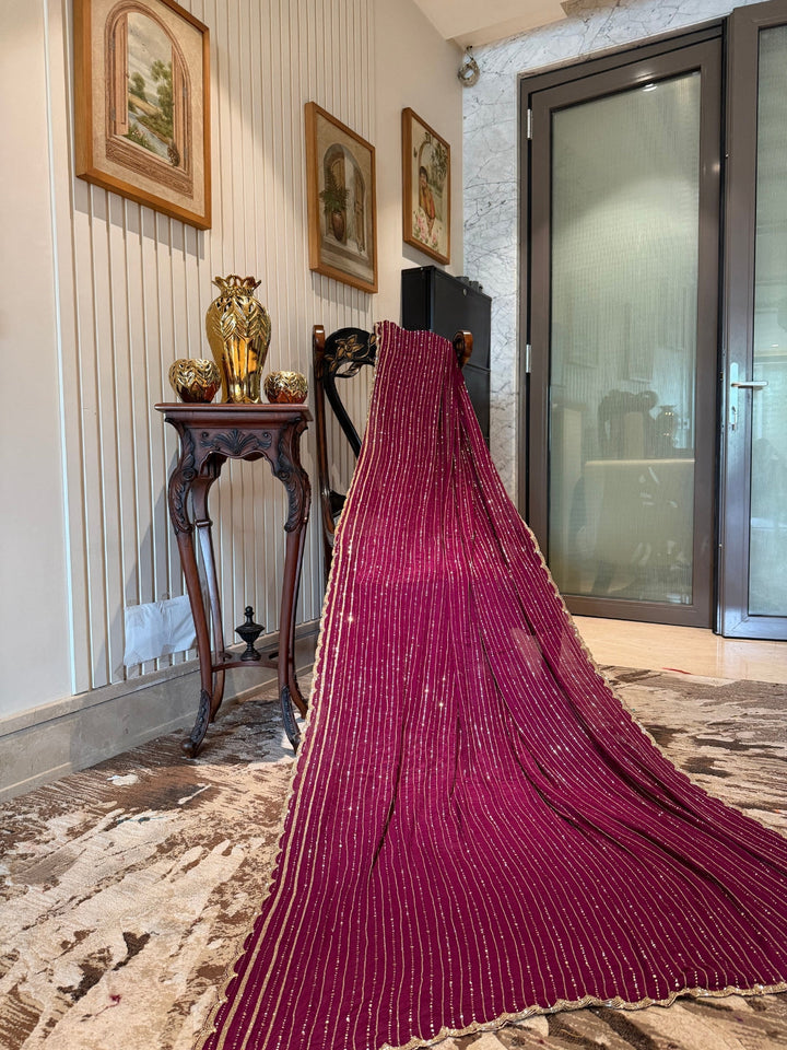 Magenta Chiffon Vertical Stripe Sequin Embellished Saree with Scalloped Sequin Border.