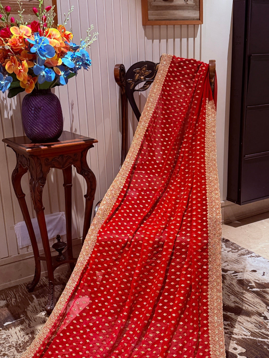 Georgette Saree with All-over Gold Butti Motifs & Grand Ornate Heavy Zari Border