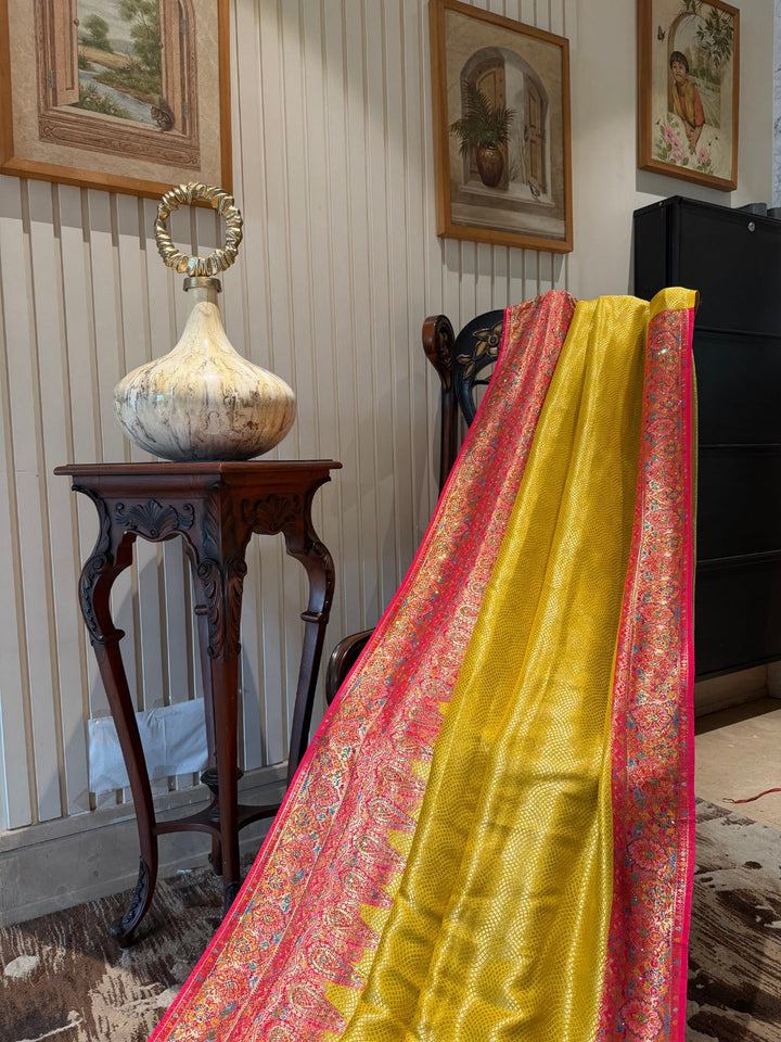 Yellow Saree with Red Ethnic Woven Pallu, Contrast Pink Border & Tassel Detailing