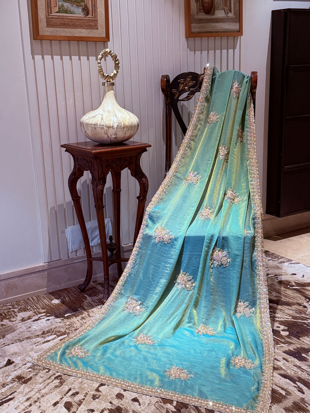 Embellished Art Silk Saree with Sequin Floral Motifs & Crystal Bead Border