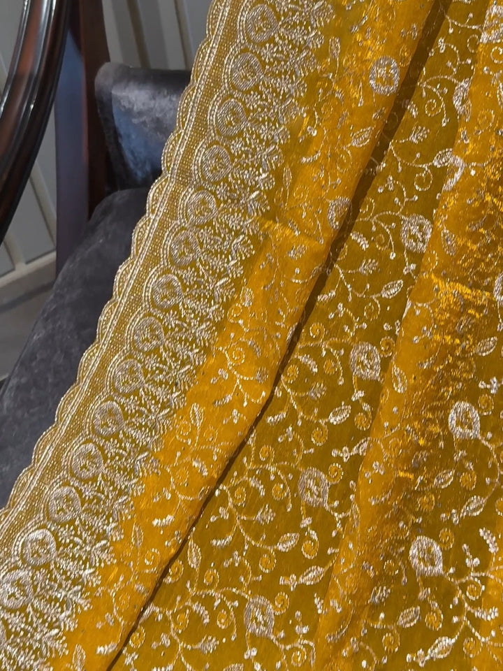 Intricately Embroidered Saree with All-Over Zari Floral Jaal & Broad Paisley Border
