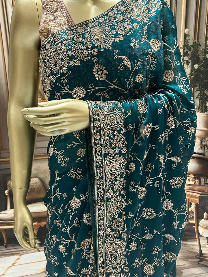 Teal Saree with Antique Gold Zardozi, Sequin, Heavy Embroidered Border & Butis with Blouse Piece
