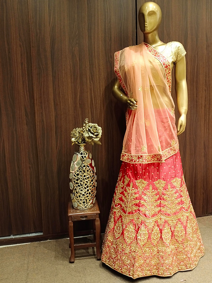 Embellished Semi-stitched Kalidar Lehenga with Gold Zari Embroidery