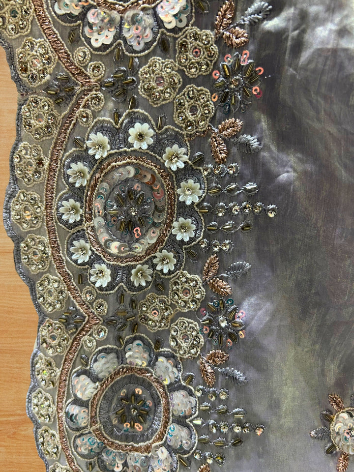 Tissue Saree with Heavy Scalloped Floral Sequin Bead Embroidery & Scattered Butis