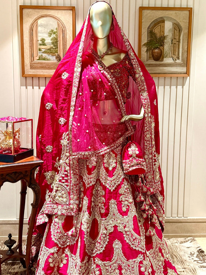 Bridal Lehenga Choli Set with Heavy Zardozi Embroidery, Dupatta, Latkans & Potli Bag