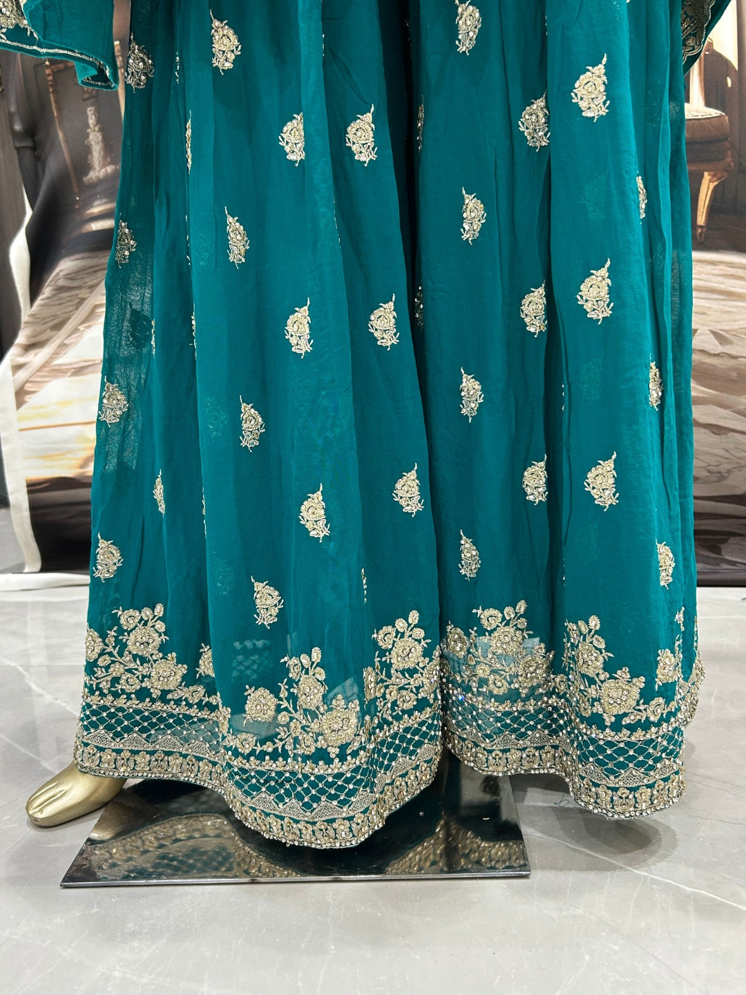 Teal Georgette Gharara Set with Zari, Mirror & Sequin Embroidery, Floral Border Dupatta