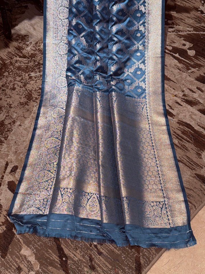 Banarasi Art Silk Saree with Silver Geometric Jaal & Rich Brocade Border