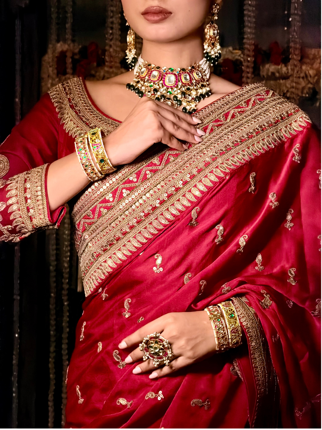Zari Embroidered Silk Saree with Sequin Butti in Maroon Red