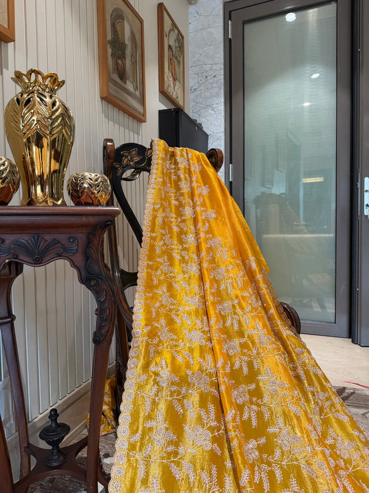 Yellow Floral Embroidered Silk Blend Saree with Ivory Threadwork Border