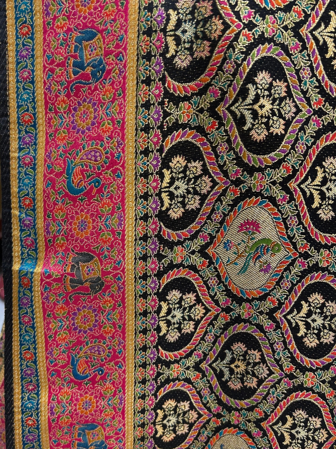 Black Banarasi Silk Saree with Paisley Jaal, Elephant–Peacock Pallu & Contrast Border
