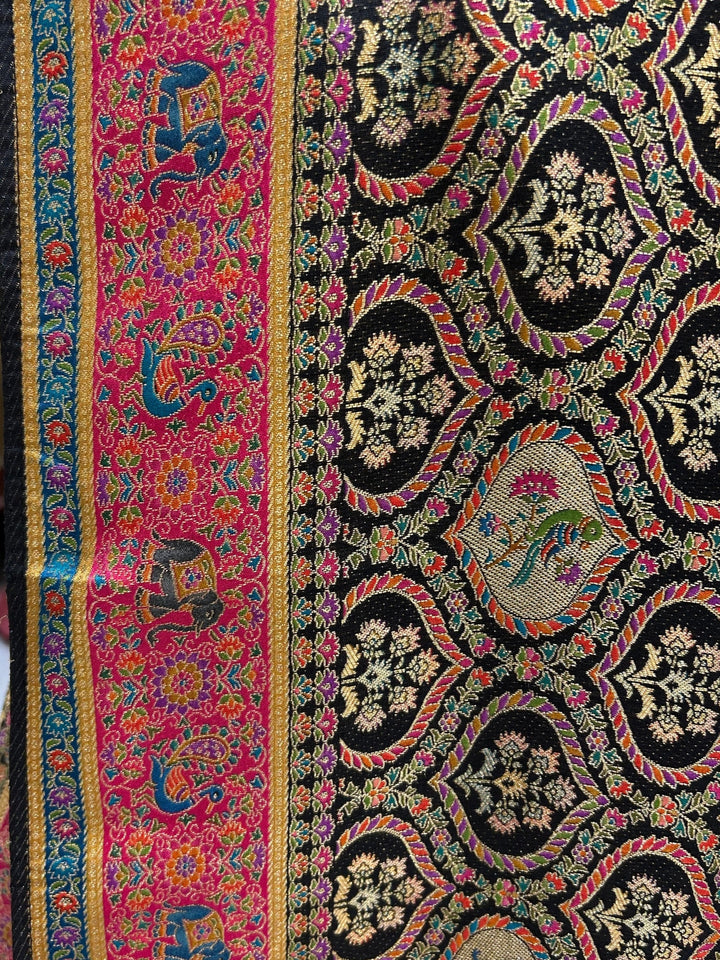 Black Banarasi Silk Saree with Paisley Jaal, Elephant–Peacock Pallu & Contrast Border