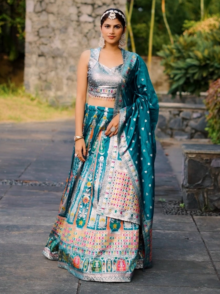 Mirror Work Silk Lehenga Set with Banarasi Weave Dupatta, Multicolor Thread Embroidery