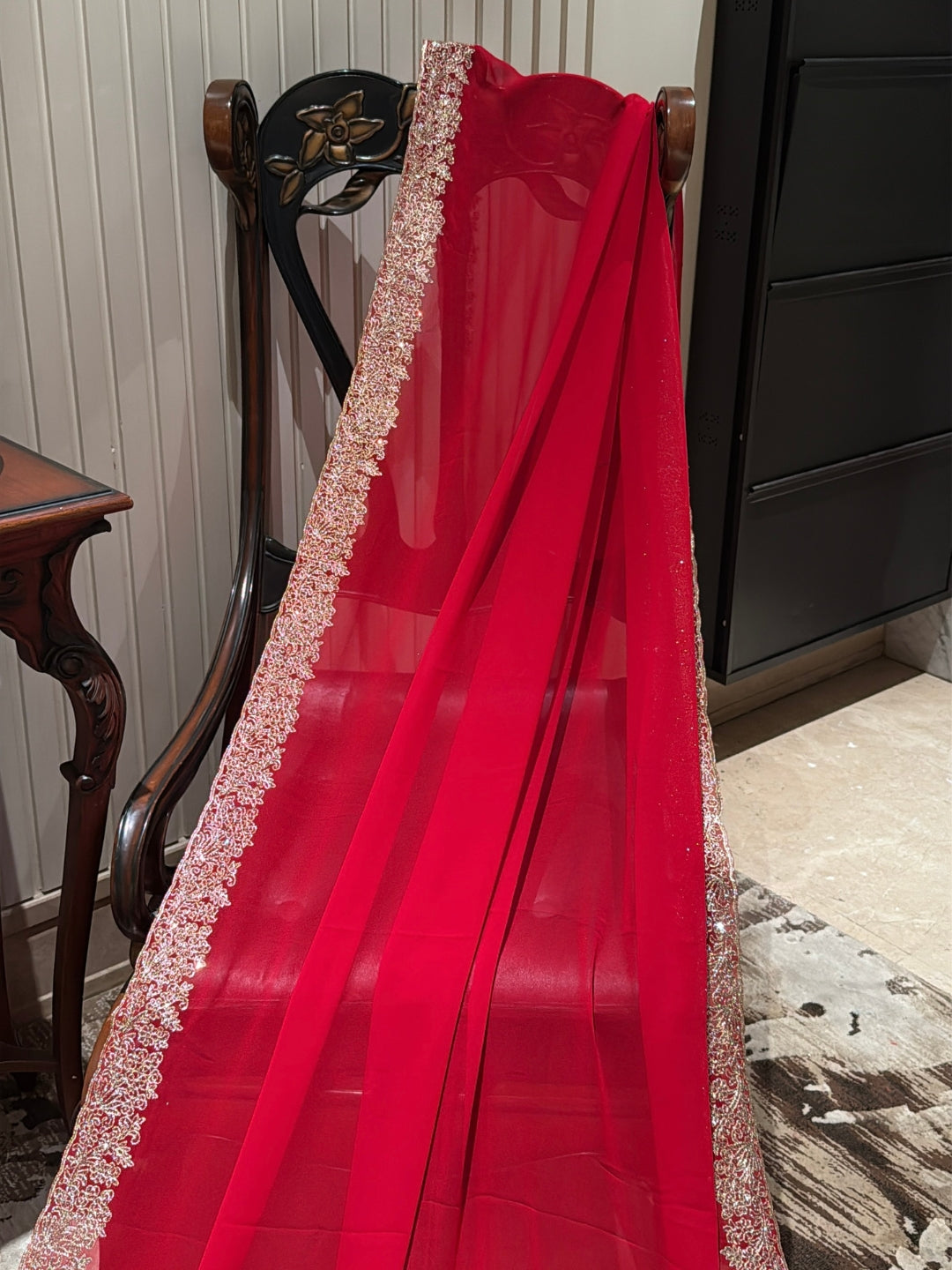 Pure Red Net Saree with Wide Gold Sequin Pearl Border & Ornate Zari Floral Embroidery