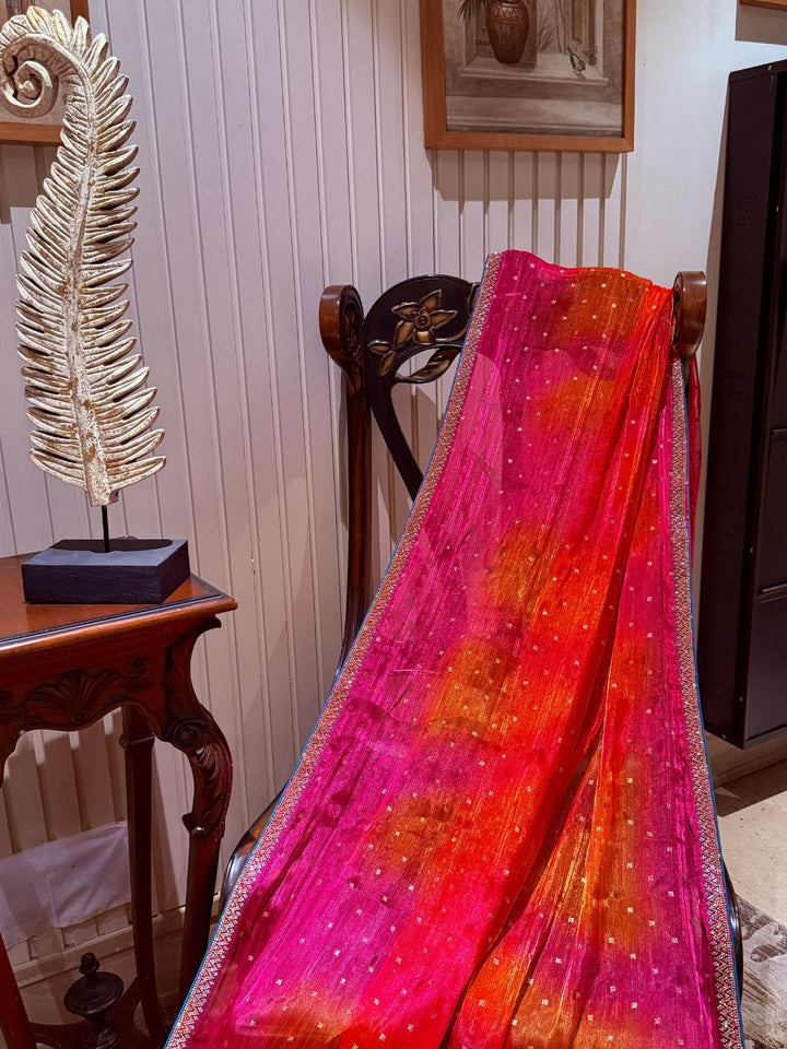 Ombre Saree with All-over Foil Mirror Work & Slim Gota Patti Embellished Border