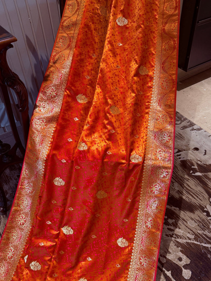 Zari Woven Saree with Gold Floral Motifs and Traditional Brocade Border